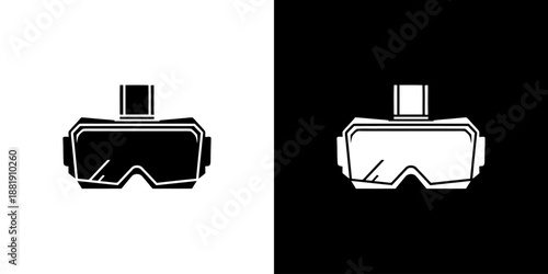 Black and white virtual reality goggles icons on split background