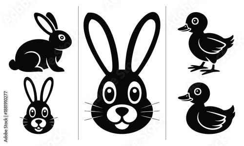Set bundle Easter silhouette rabbits and ducklings cute animal vector icons