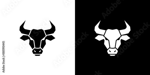 Graphic illustration of a black and white bull head in two-tone color scheme.