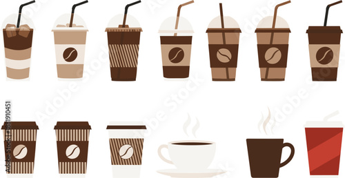 Flat Coffee Cups And Takeaway Drinks Collection With Hot And Iced Beverages Vector Illustration