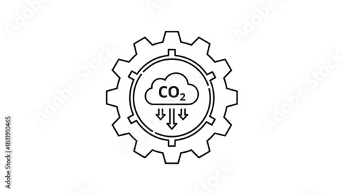 Minimalist line art icon of an industrial gear containing a CO2 cloud with downward arrows for carbon footprint reduction concepts.