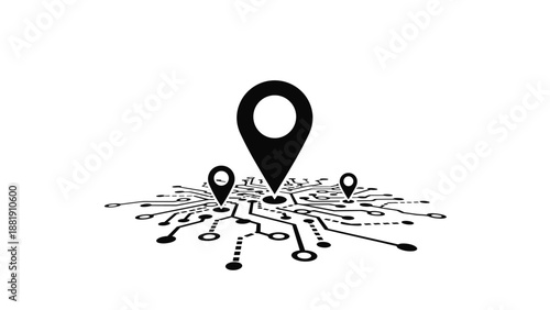 Black and white location pin markers scattered on a digital circuit board background representing data geolocation and tracking networks.