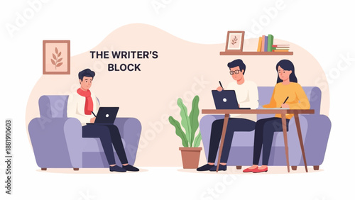 Three people working on laptops and writing on paper in a room