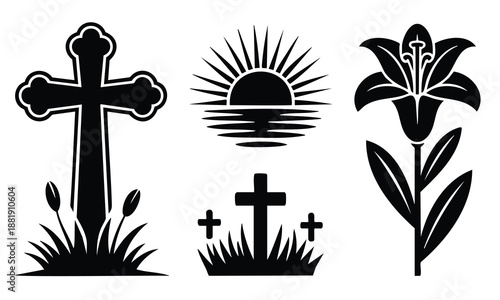 Set bundle Easter silhouette with crosses and lily flower on white background