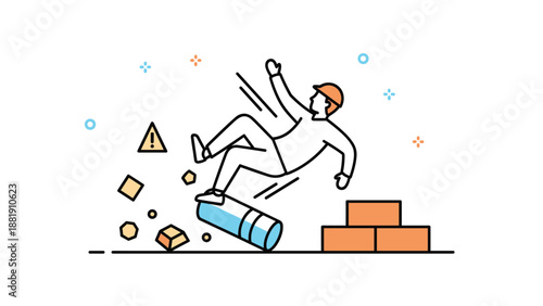Occupational safety illustration of a construction worker falling over an obstacle in a warehouse setting for hazard awareness.