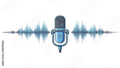 Professional blue condenser microphone with symmetrical digital sound waves in the background for podcast and music recording.