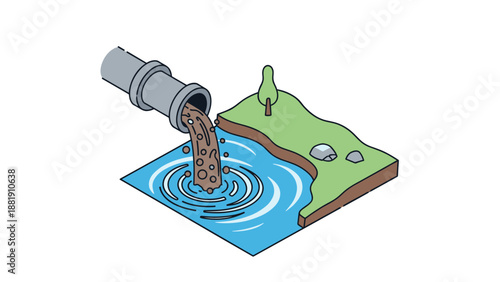 Isometric illustration of a large industrial pipe discharging brown sewage waste into a blue river near a grassy bank.