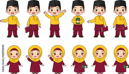 Muslim School Children Character Set With Boy And Girl Wearing Traditional Clothes And Various Poses Vector Illustration