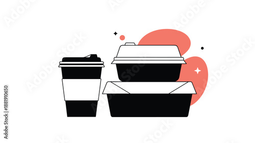 Takeout food packaging including a coffee cup and two stacked plastic food containers on a minimalist background with soft red shapes.