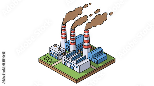 Isometric illustration of an industrial factory complex with multiple buildings and three large chimneys emitting brown smoke into the air.