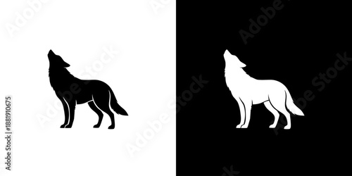 Two contrasting wolf silhouettes howling against white and black backgrounds.