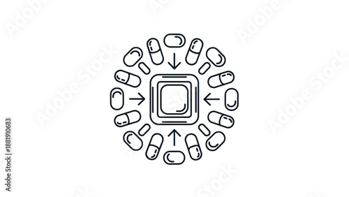 Medical capsules arranged in a circular pattern with arrows pointing inward towards a central rounded square icon on a white background.