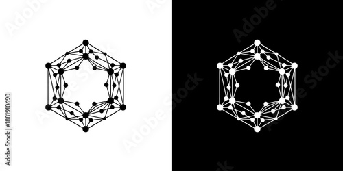 Geometric molecular structure diagram with black and white nodes on white and black