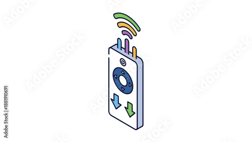 Isometric view of a modern remote control device with various colorful buttons and wireless signal waves emanating from the top.