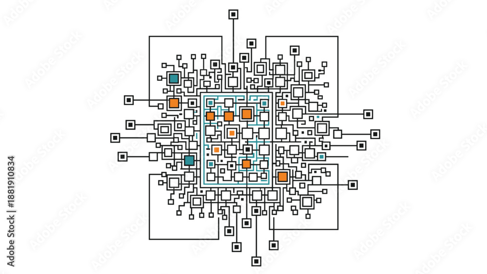 Fototapeta premium Abstract digital illustration of a complex electronic circuit board with various connections, nodes, and colored square components.