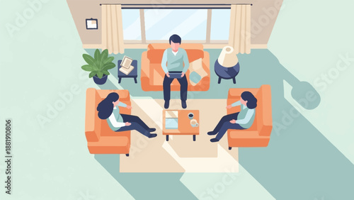 Three people in a bright living room, two on sofas and one holding a tablet