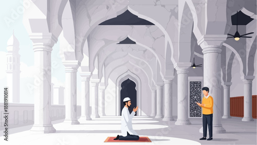Two men in a mosque's white marble courtyard, one praying on a rug