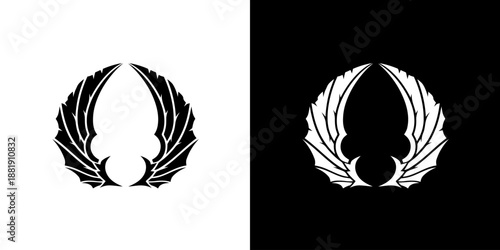 Black and white logo designs featuring a teardrop shape with wings on a split white and