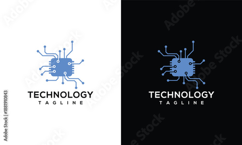 Futuristic technology logo design with circuit elements on white and black backgrounds showcasing innovation and modernity