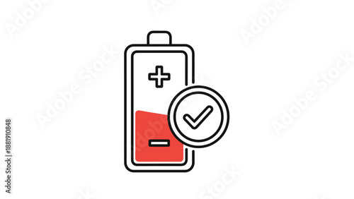 Battery icon with a red half-full energy level and a green checkmark indicating health, status, or a successful charge.