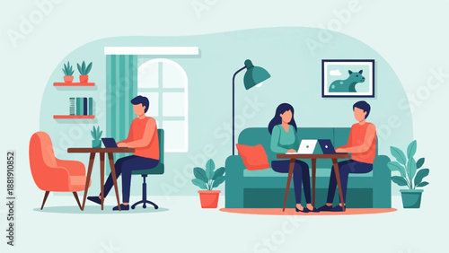 Three people working on laptops in a cozy, modern living room setting