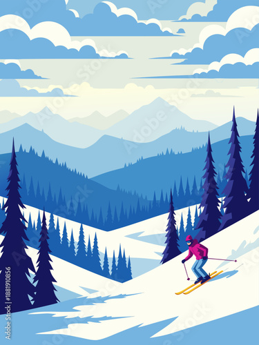 A vibrant vector illustration captures the thrilling adventure of a lone skier descending a snow-covered mountain slope, showcasing a breathtaking winter landscape