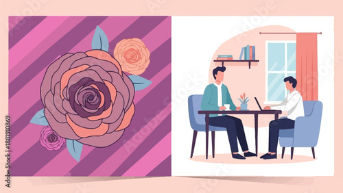 Two men in an office setting collaborate near a window with floral art