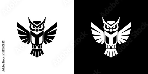 Black and white owl logos on contrasting backgrounds with spread wings.