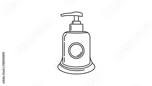 Minimalist line art illustration of a cosmetic or liquid soap bottle with a pump dispenser and a blank circular label on the front.