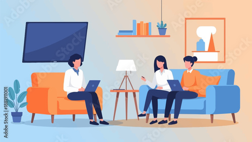 Three people working on laptops on a couch and chair in a living room