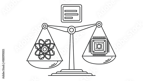 Line art illustration of a balance scale with an atom on one side and a microchip on the other, representing the balance of science and technology.