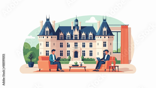 Two men in suits work on laptops while sitting on sofas in front of a grand building