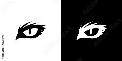 Graphic illustration of two stylized eyes with sharp eyelashes on white and black