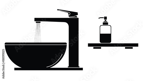 Minimalist black silhouette of a modern bathroom sink with a flowing water tap and a bottle of soap sitting on a shelf.