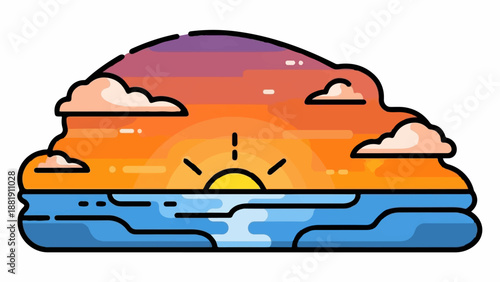 Stylized sun setting over calm ocean waters with clouds in the sky