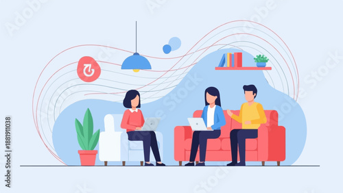 Three people working on laptops on a sofa in a bright room