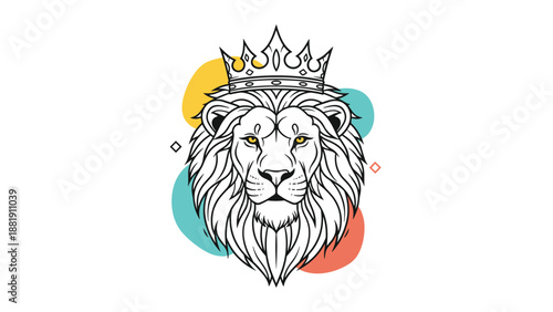 Majestic black and white line art of a lion head wearing a crown, surrounded by colorful abstract orange, yellow, and blue background shapes.