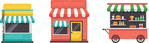 Shop Storefront And Street Food Cart Vector Set For Retail Business Cafe And Market Illustrations