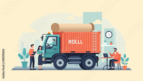 Truck transporting rolled goods with team members coordinating delivery