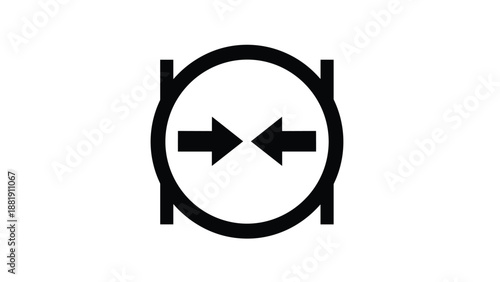 Black silhouette of two thick horizontal arrows pointing towards each other inside a circular frame on a white background.