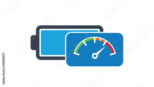 Graphic illustration showing a battery icon next to a speedometer gauge with green, orange, and red zones indicating power performance.