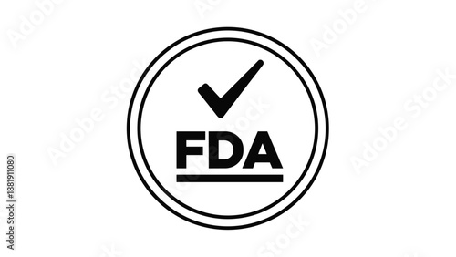 Black and white circular seal with a checkmark and the text FDA underlined, indicating approval by the Food and Drug Administration.