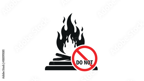 Black silhouette of a campfire with a red prohibited sign and the text DO NOT over it, warning against starting fires.