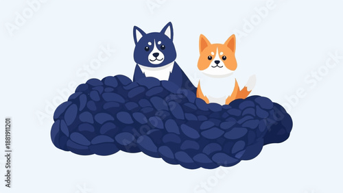 Two adorable cartoon dogs, one blue, one orange, nestled in a pile of dark blue knitted yarn