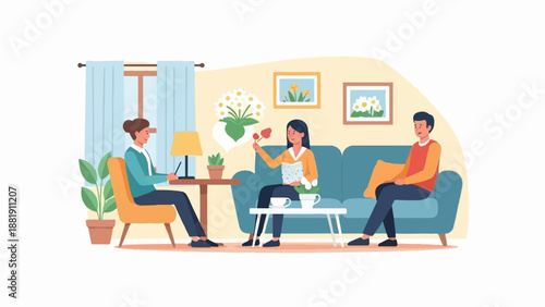 Three people in a living room, a woman is talking to a man and woman on a couch