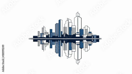 Stylized sketch of a city skyline mirrored in water