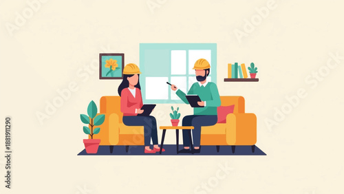 Two colleagues in hard hats collaborate indoors, discussing plans