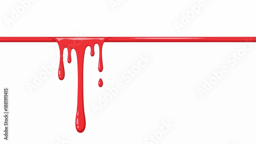 Thick red liquid drips from a horizontal line, forming viscous drops and streaks
