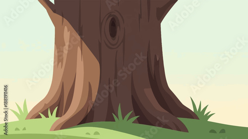 Thick tree trunk with gnarled roots and a knothole, on a grassy knoll