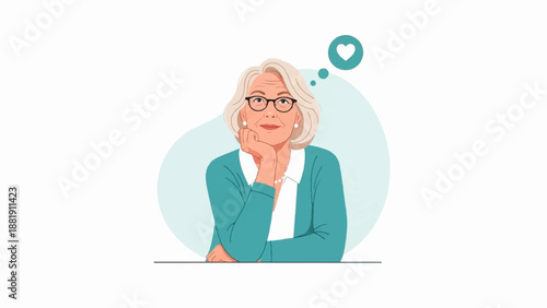 Thoughtful older woman with a heart in a thought bubble, dreaming